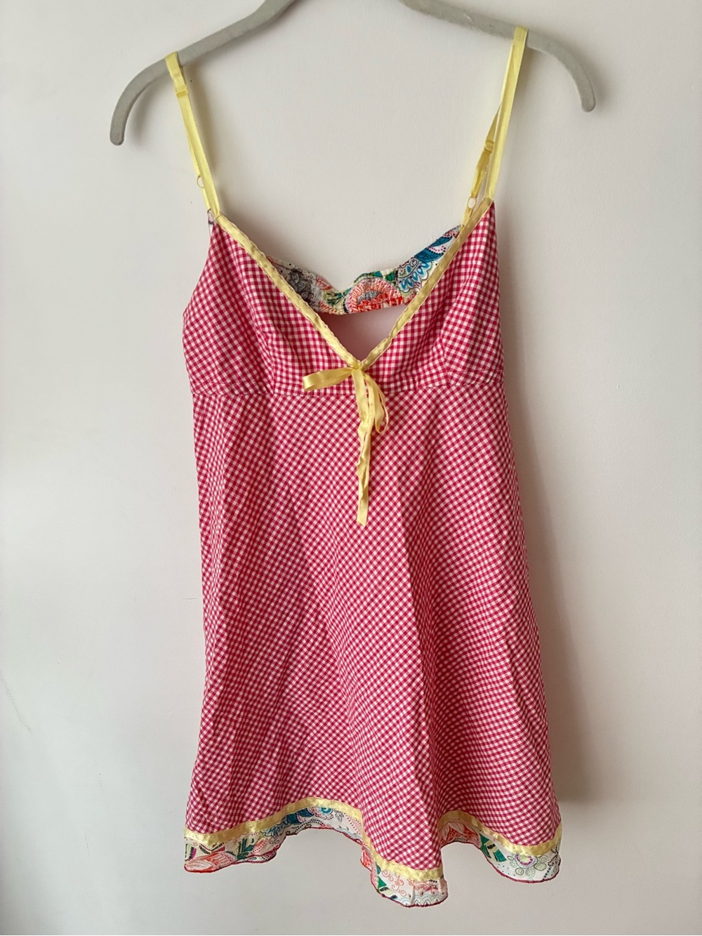 Vintage Free People Women’s XS Pink Gingham Paisley Trim Babydoll Mini Dress Y2K